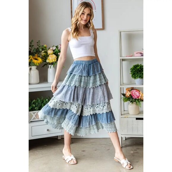 Oli & Hali Washed Mix Media Tiered Wide Leg Cropped Pants NEW Size Large - Picture 1 of 11